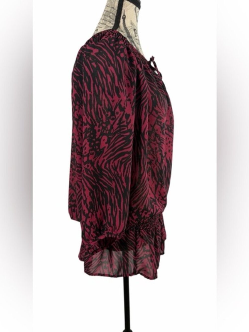 Miss Tina Tina Knowles Cranberry Zebra Print Peasant Blouse L Boho Peplum - Picture 3 of 9